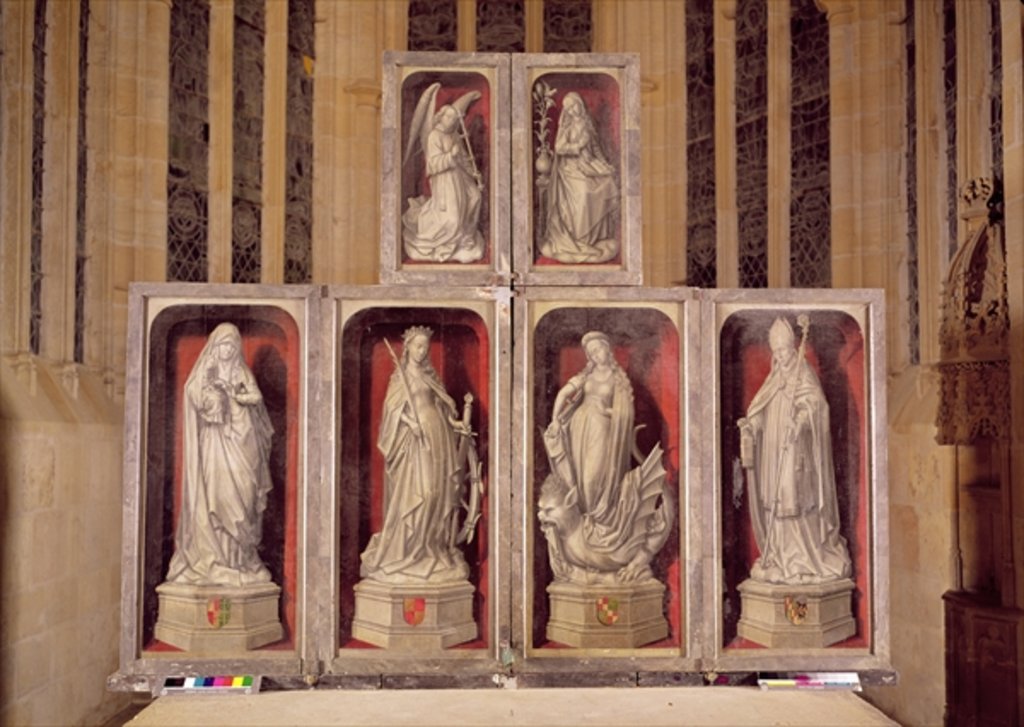 Detail of View of the panels of the closed altarpiece, depicting the Annunciation and saints, 1460-66 by Rogier van der (attr. to) Weyden