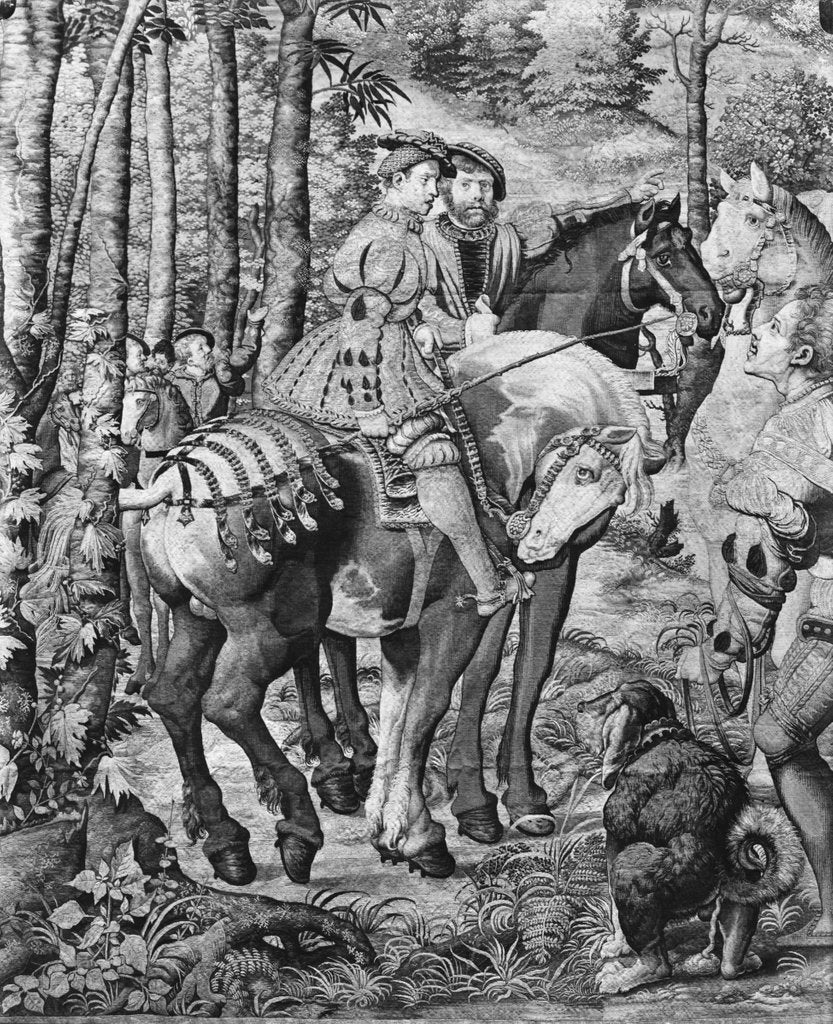 Detail of The Hunts of Maximilian, Leo, The Stag Hunt, the Report, Gobelins Factory by Bernard van (after) Orley