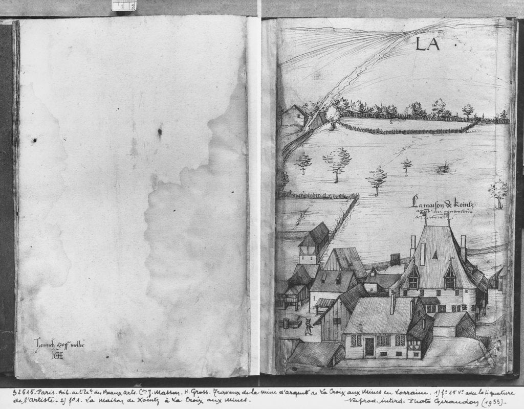 Detail of Fol.1 La Croix-aux-Mines village, Lorraine. The house of Kointz, the controller of the mines and fol.25v, signature of the artist, c.1530 by Heinrich Gross or Groff