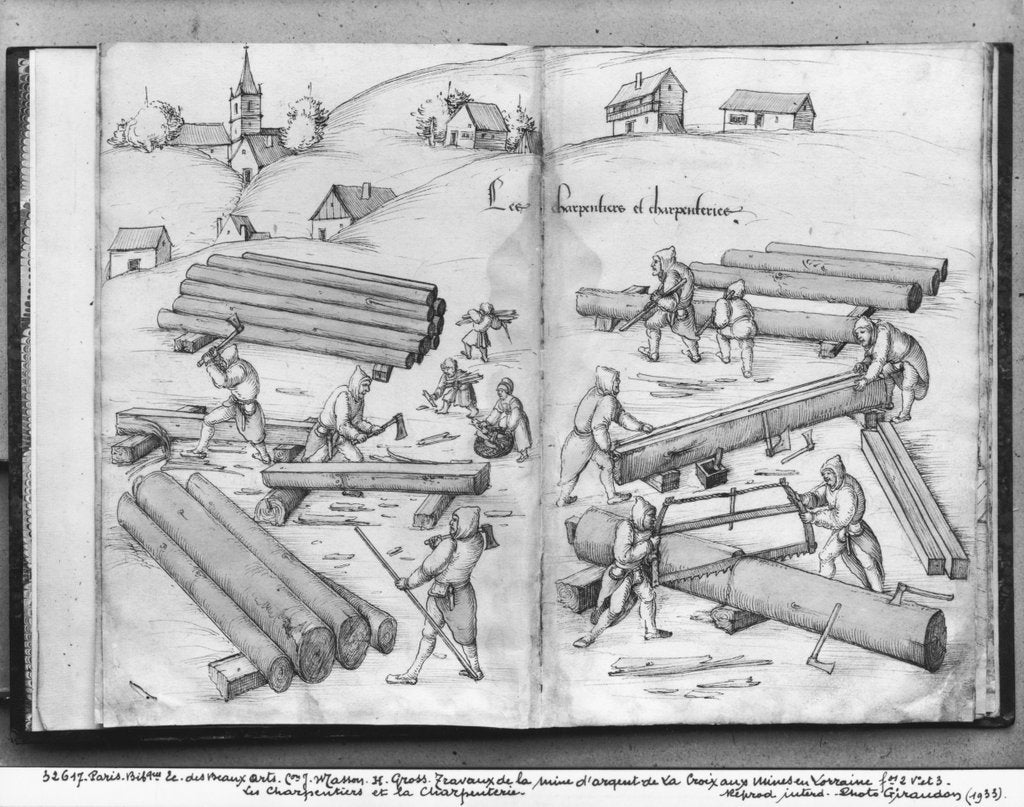 Detail of Silver mine of La Croix-aux-Mines, Lorraine, fol.2v and fol.3r, carpenters and carpentry, c.1530 by Heinrich Gross or Groff