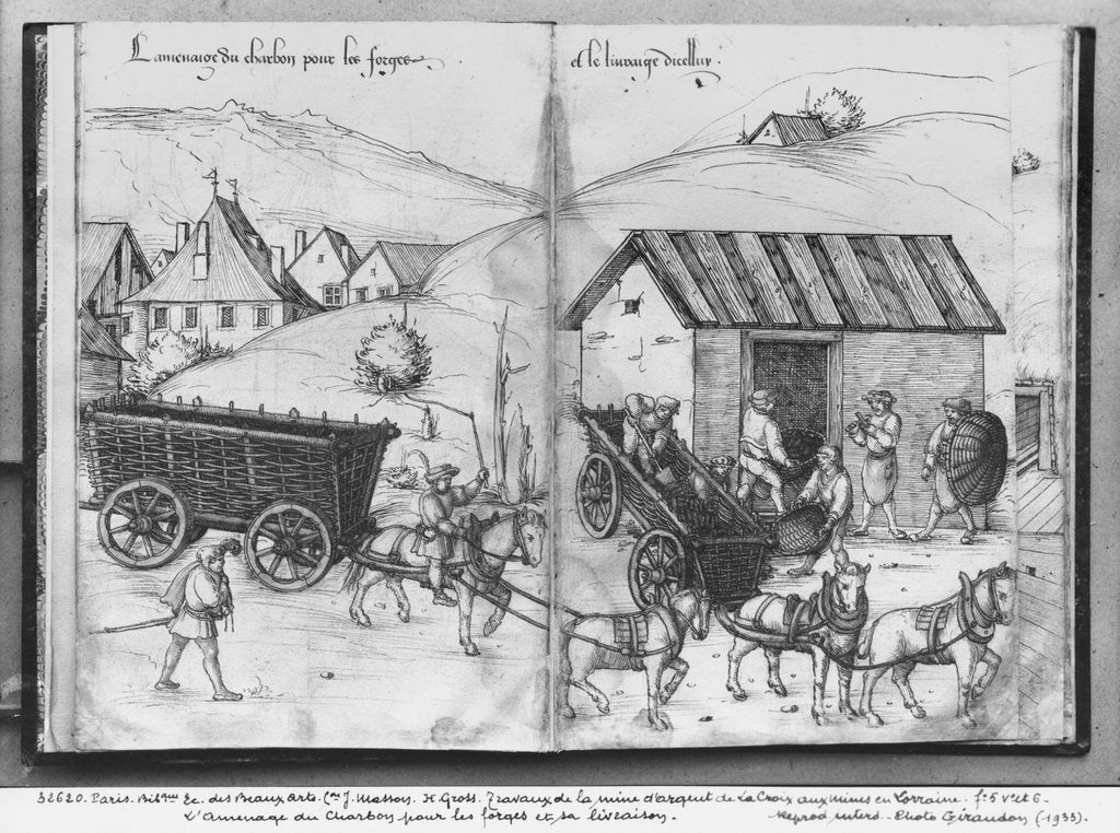 Detail of Silver mine of La Croix-aux-Mines, Lorraine, fol.5v and fol.6r, transporting and delivering coal for the forges, c.1530 by Heinrich Gross or Groff