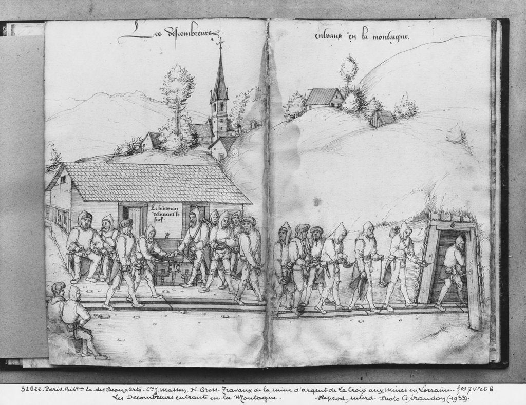 Detail of Silver mine of La Croix-aux-Mines, Lorraine, fol.7v and fol.8r, collectors entering the mine, c.1530 by Heinrich Gross or Groff