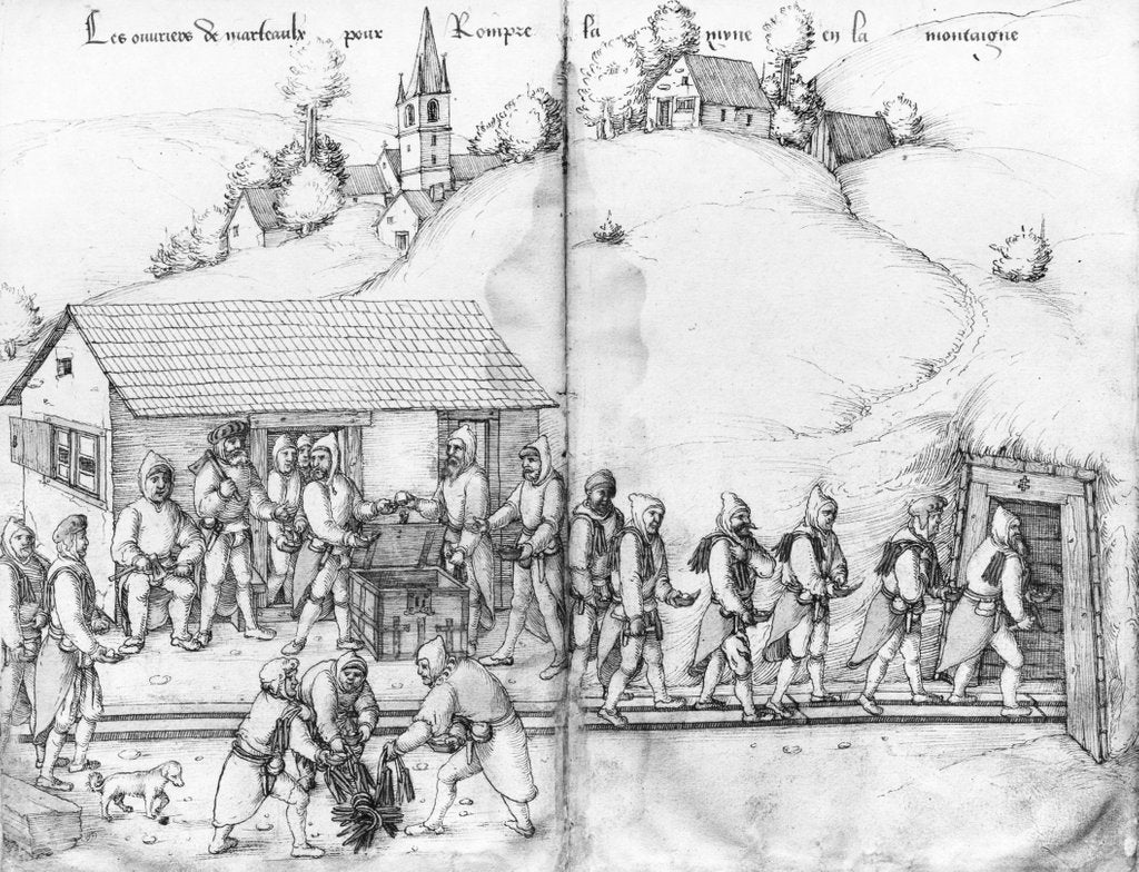 Detail of Silver mine of La Croix-aux-Mines, Lorraine, fol.9v and fol.10r, miners and their hammers, c.1530 by Heinrich Gross or Groff