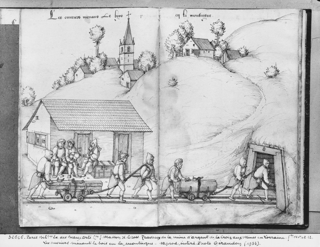 Detail of Silver mine of La Croix-aux-Mines, Lorraine, fol.11v and fol.12r, miners bringing wood into the mine, c.1530 by Heinrich Gross or Groff