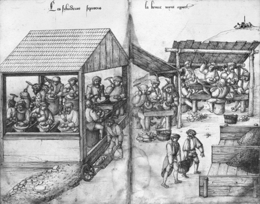 Detail of Silver mine of La Croix-aux-Mines, Lorraine, fol.15v and fol.16r, miners sorting the ore out, c.1530 by Heinrich Gross or Groff