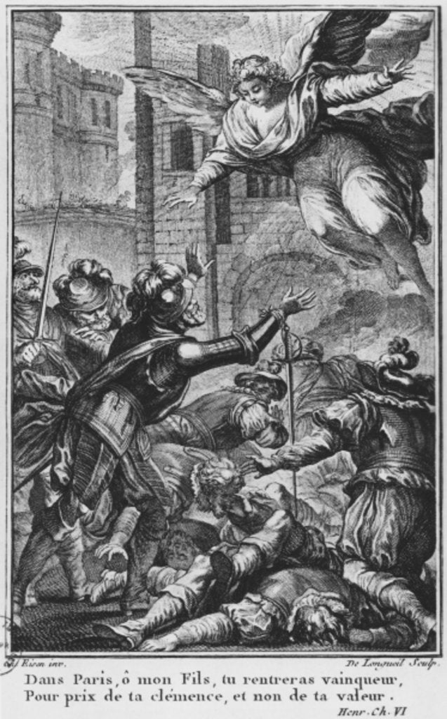 Detail of Siege of Paris, apparition of St. Louis to Henri IV engraved by Joseph de Longueil illustration from 'La Henriade' by Voltaire by Charles Joseph Dominique (after) Eisen