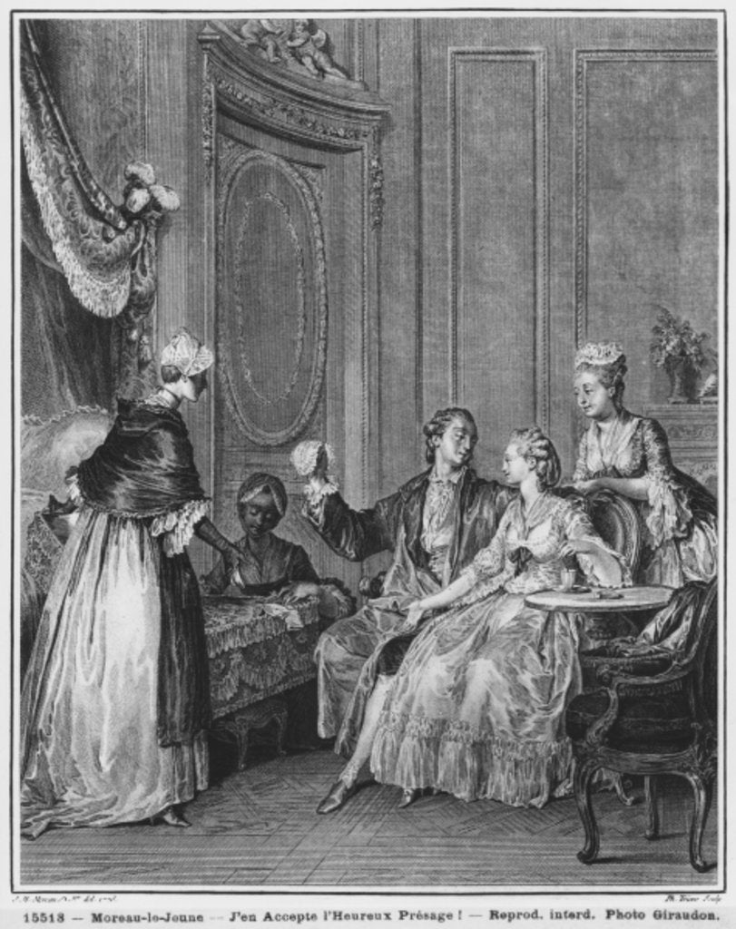 Detail of The good omen, engraved by Philippe Triere 1776 by Jean Michel the Younger (after) Moreau