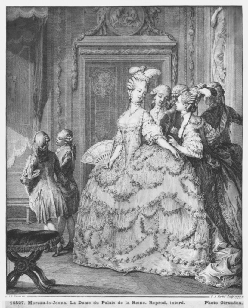 Detail of The lady at the Palais de la Reine, engraved by Pietro Antonio Martini 1777 by Jean Michel the Younger (after) Moreau