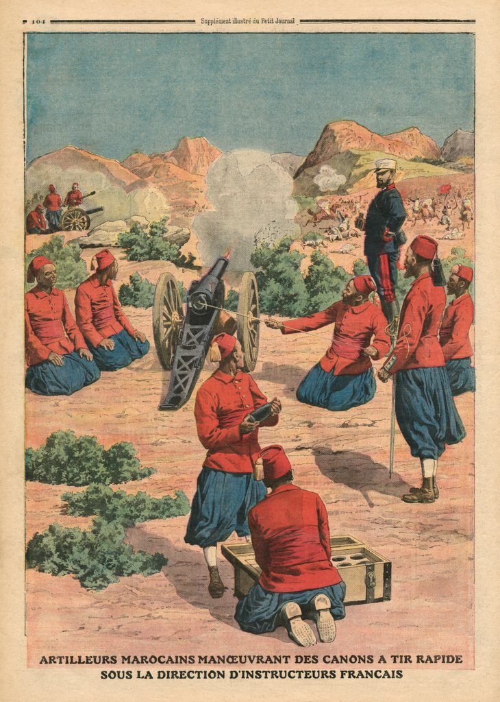 Detail of Moroccan artillerymen using cannons under the command of French instructors by French School