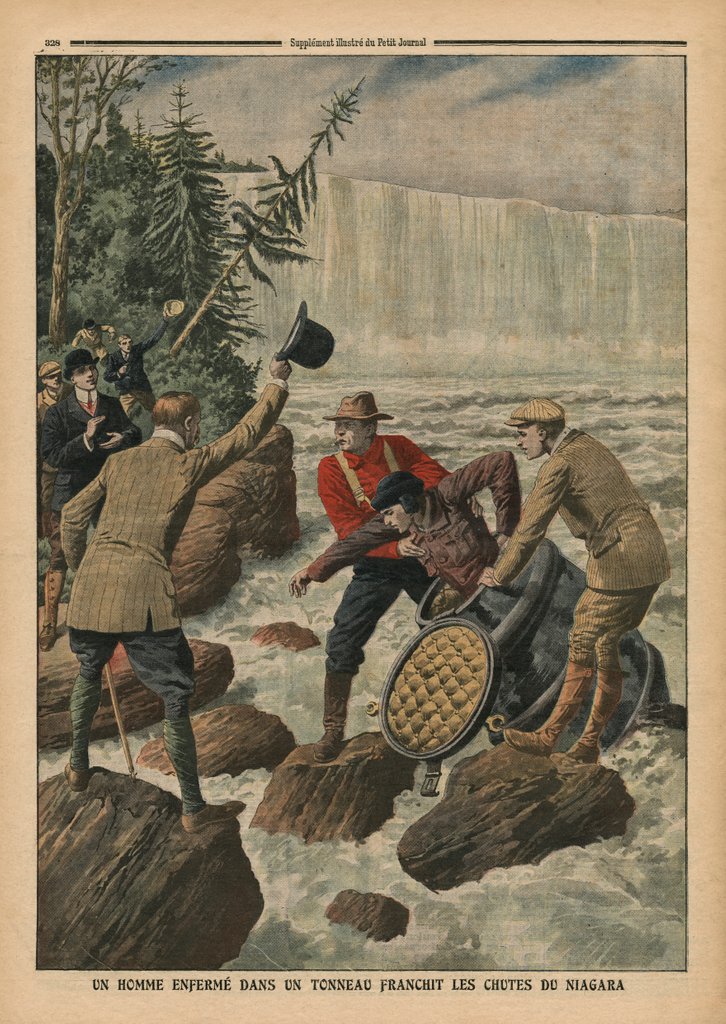 Detail of A man in a barrel crossing the Niagara Falls by French School