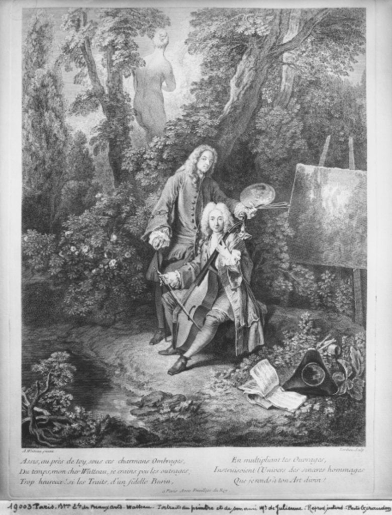 Detail of Jean Antoine Watteau and his friend Monsieur de Julienne, engraved by Nicolas Henri Tardieu by Jean Antoine (after) Watteau