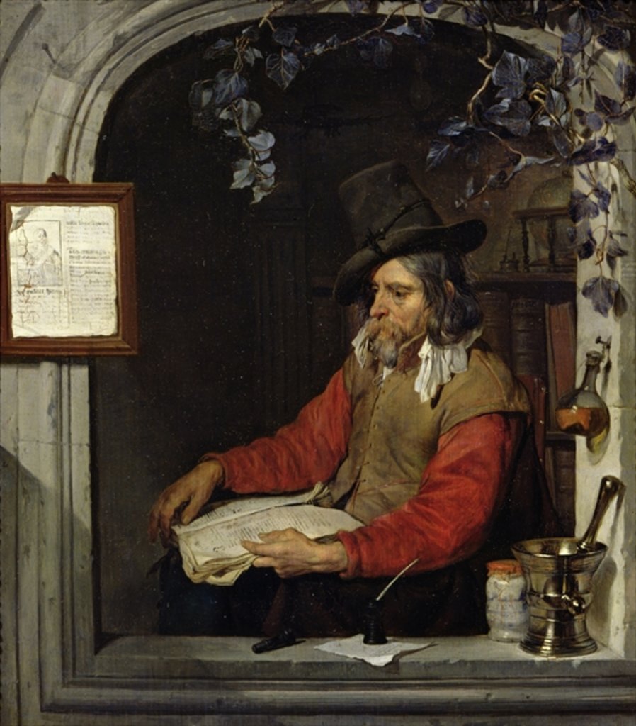 Detail of The Apothecary or, The Chemist by Gabriel Metsu