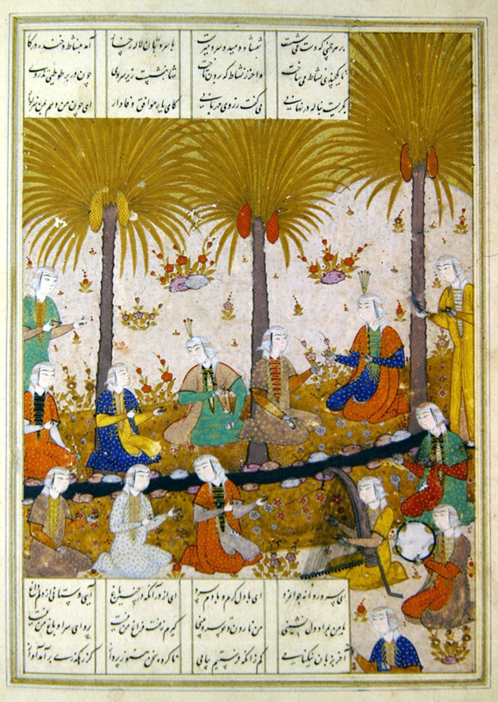 Detail of MS D-212 Illustration for a poem by Elyas Nezami depicting girls in a garden singing the praises of his poetry by Persian School