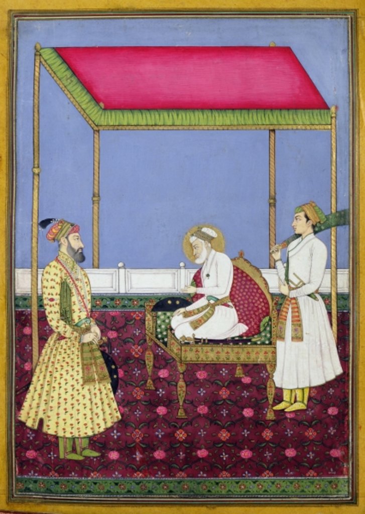 Detail of The Emperor Aurangzeb in old age seated on a throne, miniature from a Muraqqa album, early eighteenth century by Indian School