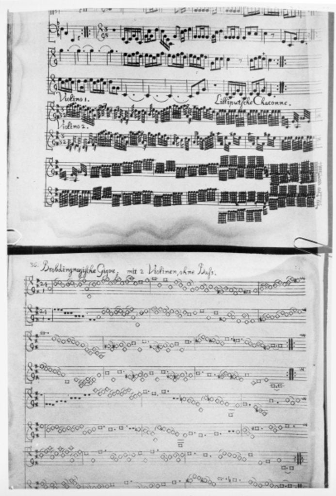 Detail of Score for Telemann's Suite for two violins, the 'Gulliver Suite', including the 'Chaconne of the Lilliputians', printed in Hamburg in 1728 by German School