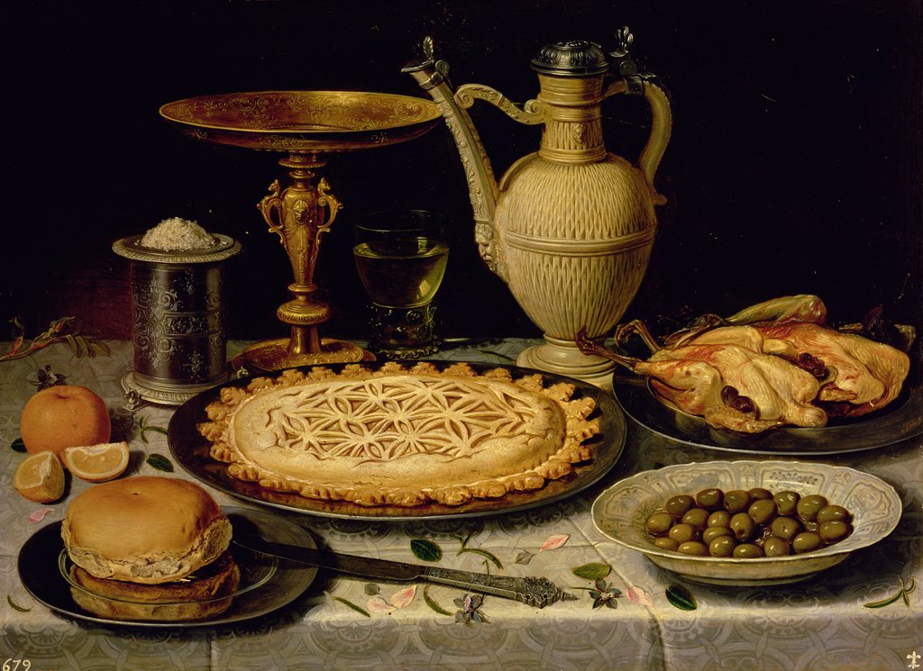Detail of Still life with a tart, roast chicken, bread, rice and olives, 17th century by Clara Peeters