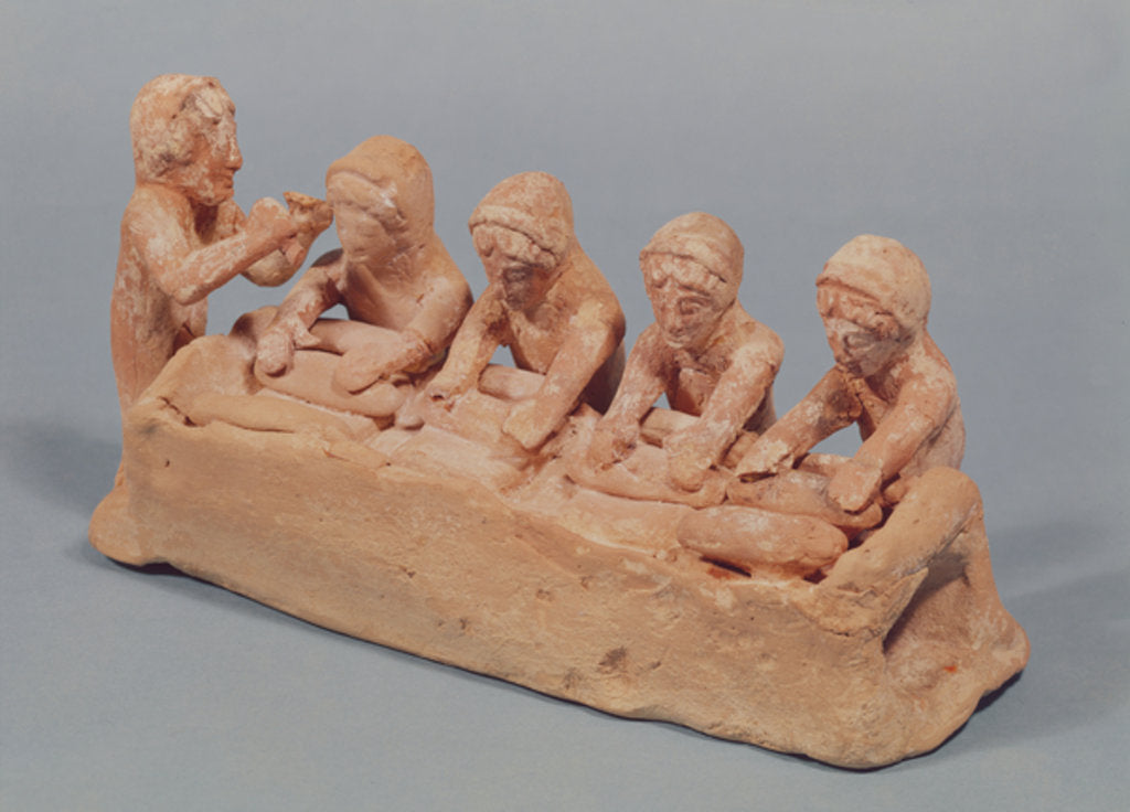 Detail of Bakers kneading dough to the sound of a flute, found at Thebes, Boeotia, 6th century BC by Greek school