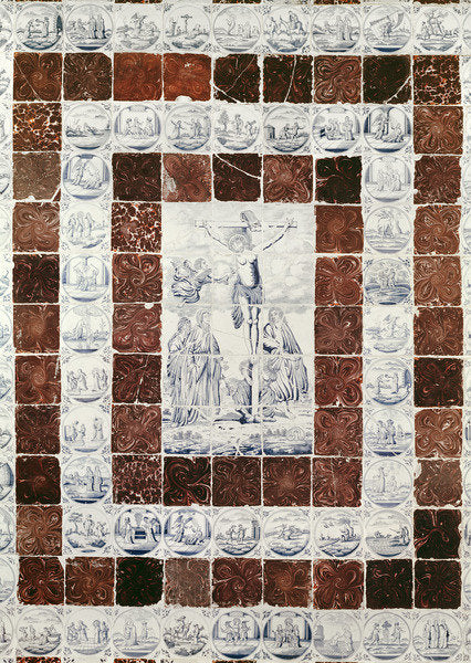 Detail of Delft tiles depicting the Crucifixion with a border of tiles with scenes from the Old and New Testaments by Dutch School