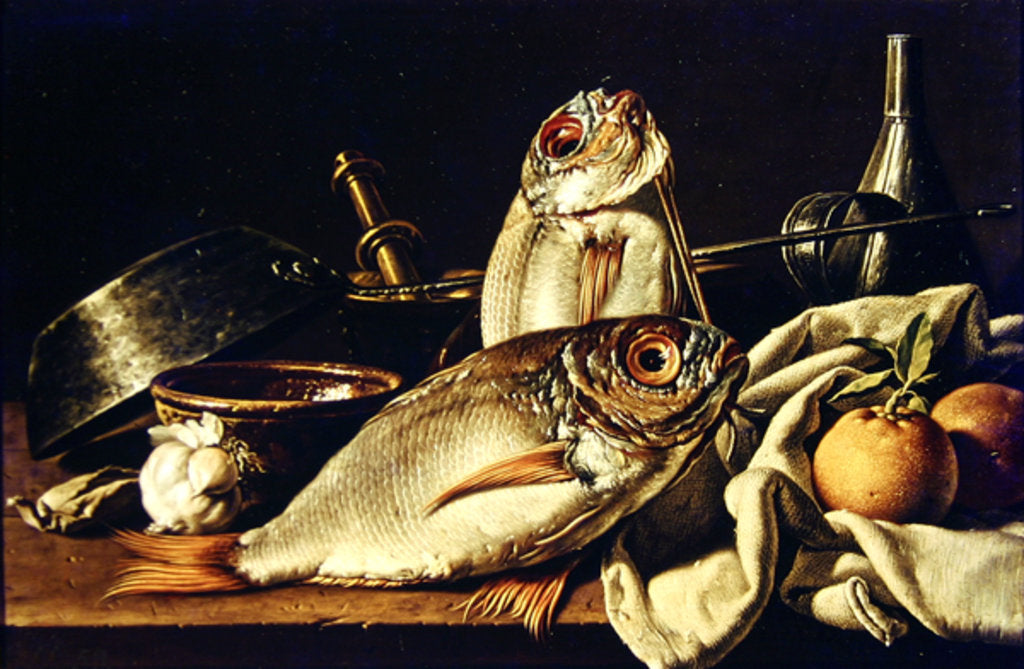 Detail of Still Life of fishes, oranges and garlic by Luis Egidio Menendez or Melendez