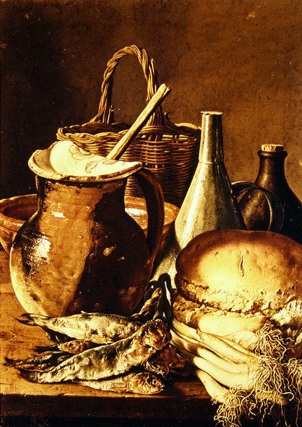 Detail of Still Life with bread, fishes and leeks by Luis Egidio Menendez or Melendez