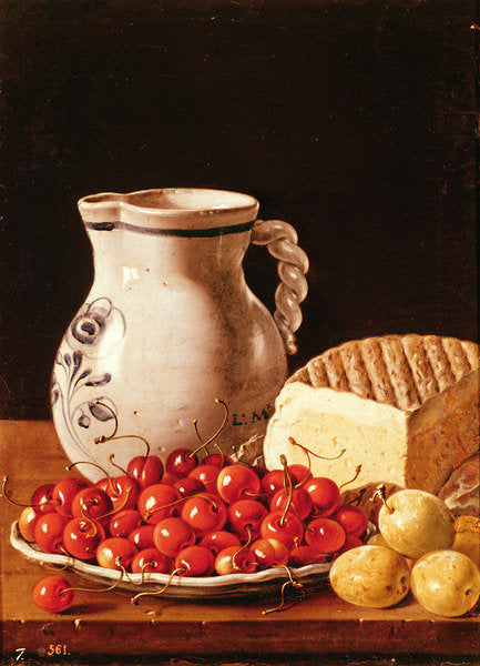 Detail of Still Life with cherries, cheese and greengagese, 18th century by Luis Egidio Menendez or Melendez