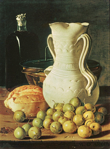 Detail of Still Life with bread, greengages and pitcher by Luis Egidio Menendez or Melendez
