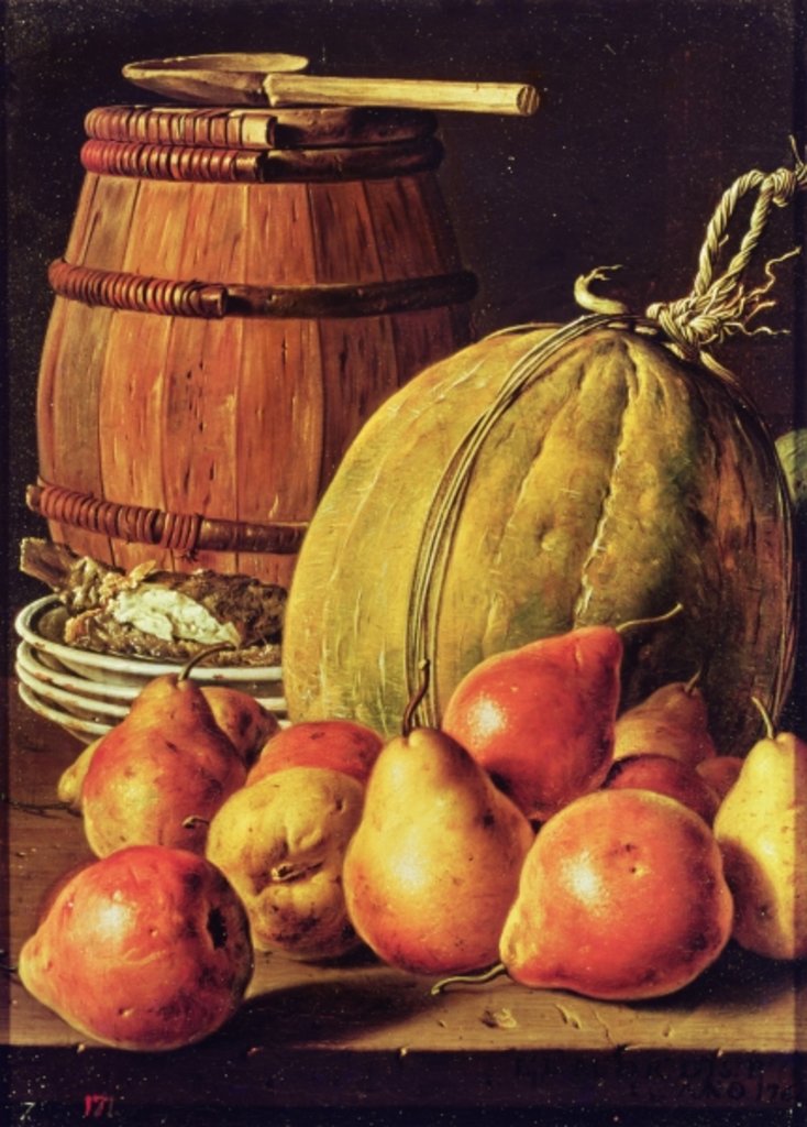 Detail of Still Life with pears, melon and barrel for marinading by Luis Egidio Menendez or Melendez