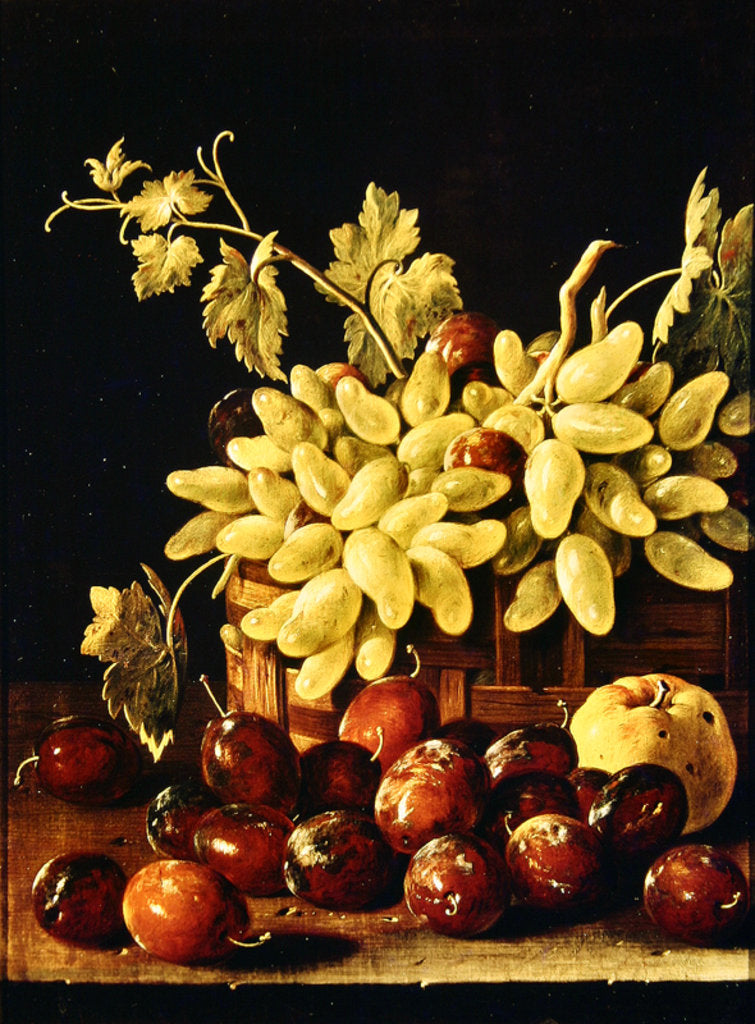 Detail of Still life with grapes, apple and plums by Luis Egidio Menendez or Melendez