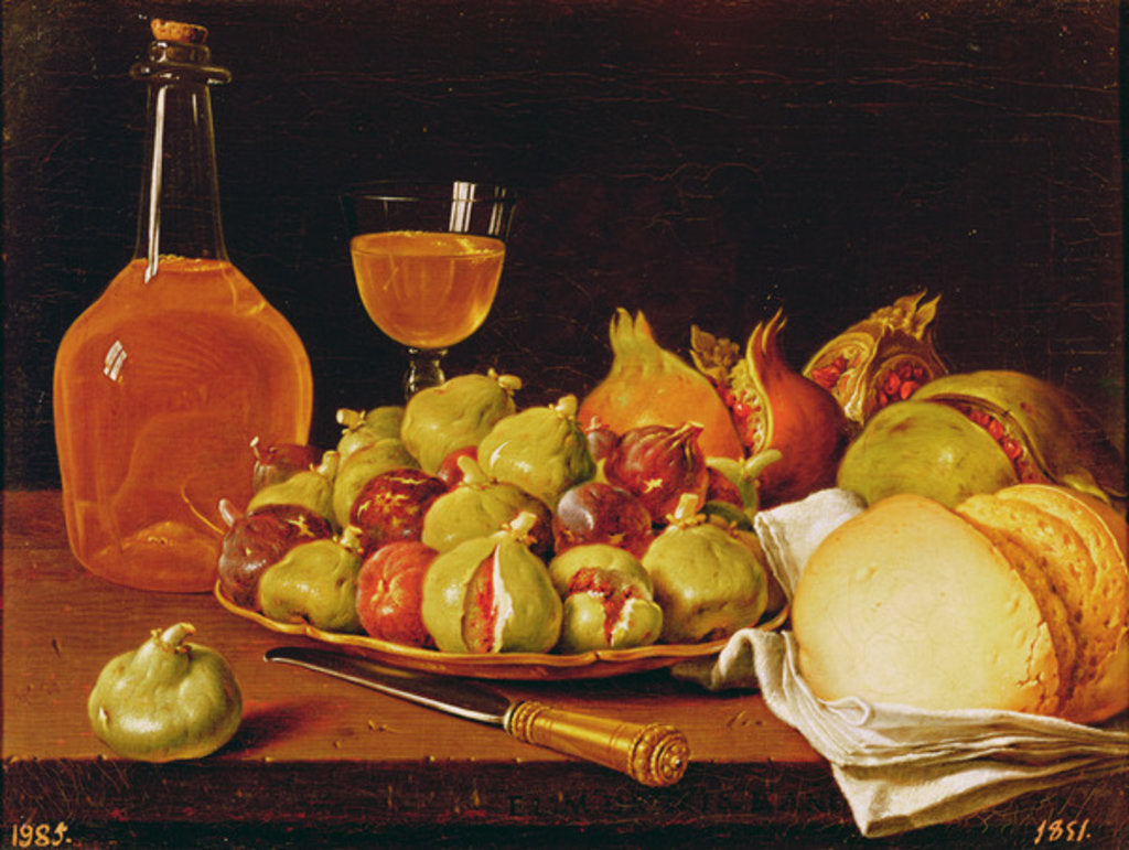 Detail of Still Life with a plate of figs and pomegranates, bread and wine by Luis Egidio Menendez or Melendez