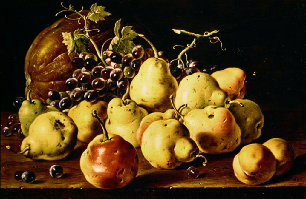 Detail of Still Life with quinces, peaches, grapes and pumpkin by Luis Egidio Menendez or Melendez