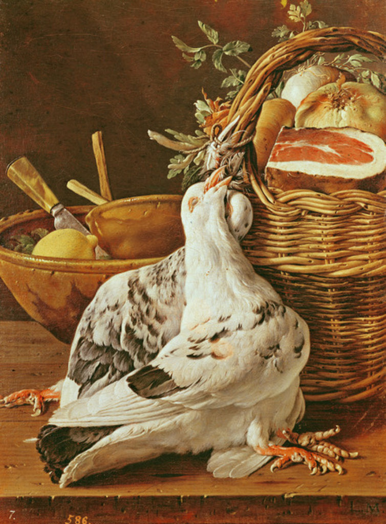 Detail of Still Life with pigeons, wicker basket, ham, onions and a lemon by Luis Egidio Menendez or Melendez