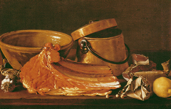 Detail of Still Life with meat, cooking pots, chickpeas, a lemon and garlic by Luis Egidio Menendez or Melendez