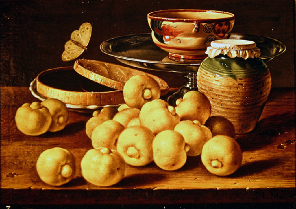 Detail of Still life with quinces, a silver fruit dish, bowls. a box for sweets and a butterfly by Luis Egidio Menendez or Melendez