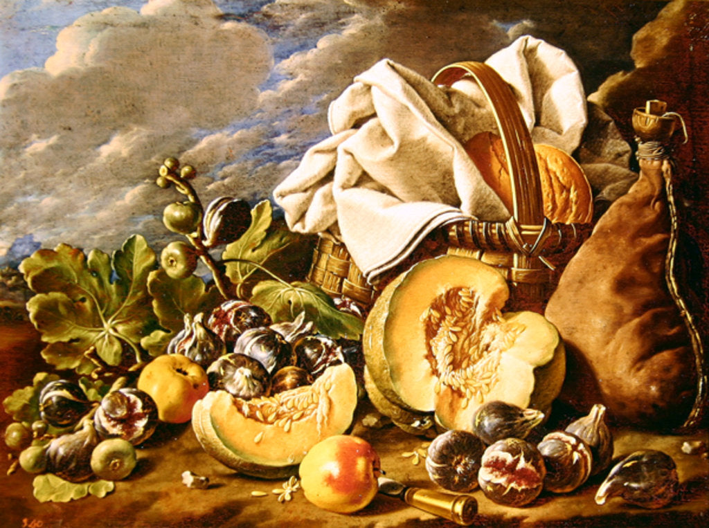 Detail of Still Life with figs, wicker basket, pumpkin, bread, wine skin and knife by Luis Egidio Menendez or Melendez