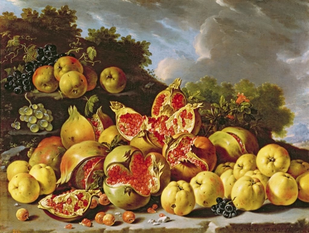 Detail of Still Life with pomegranates, apples, cherries and grapes by Luis Egidio Menendez or Melendez