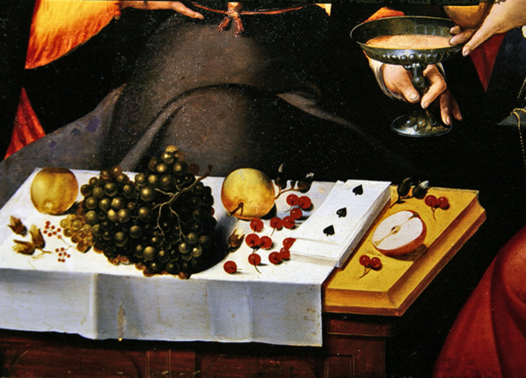 Detail of Fruits, playing cards and cup of a gallant scene. Detail of The Prodigal Child in Courtesanes by Flemish School