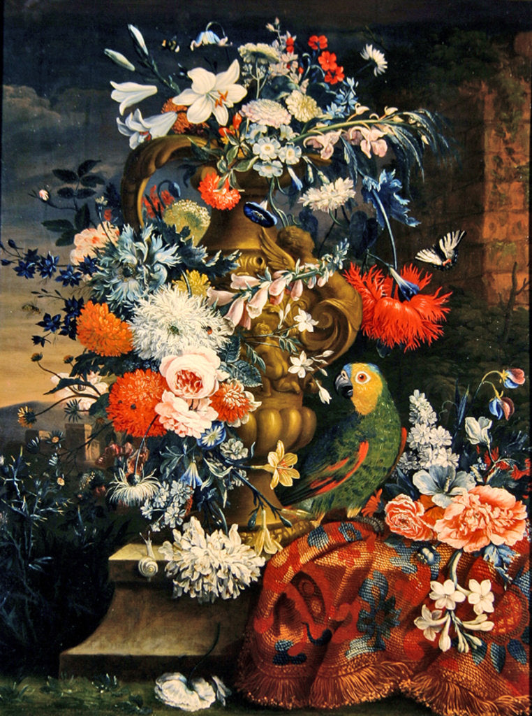 Detail of Bouquet of flowers and a parrot by Jean Picart