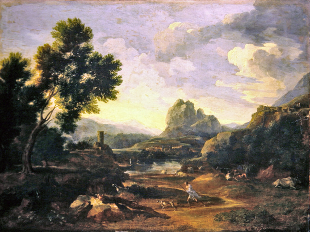 Detail of Landscape with hunter and dogs by Gaspard Poussin Dughet