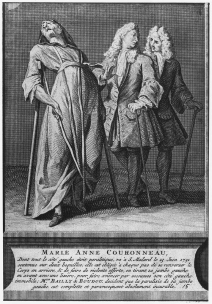 Detail of Miraculous healing of a paralytic, Marie-Anne Couronneau, on the tomb of Deacon Francois de Paris at the parish cemetery Saint-Medard in Paris, 13th June 1731 by French School
