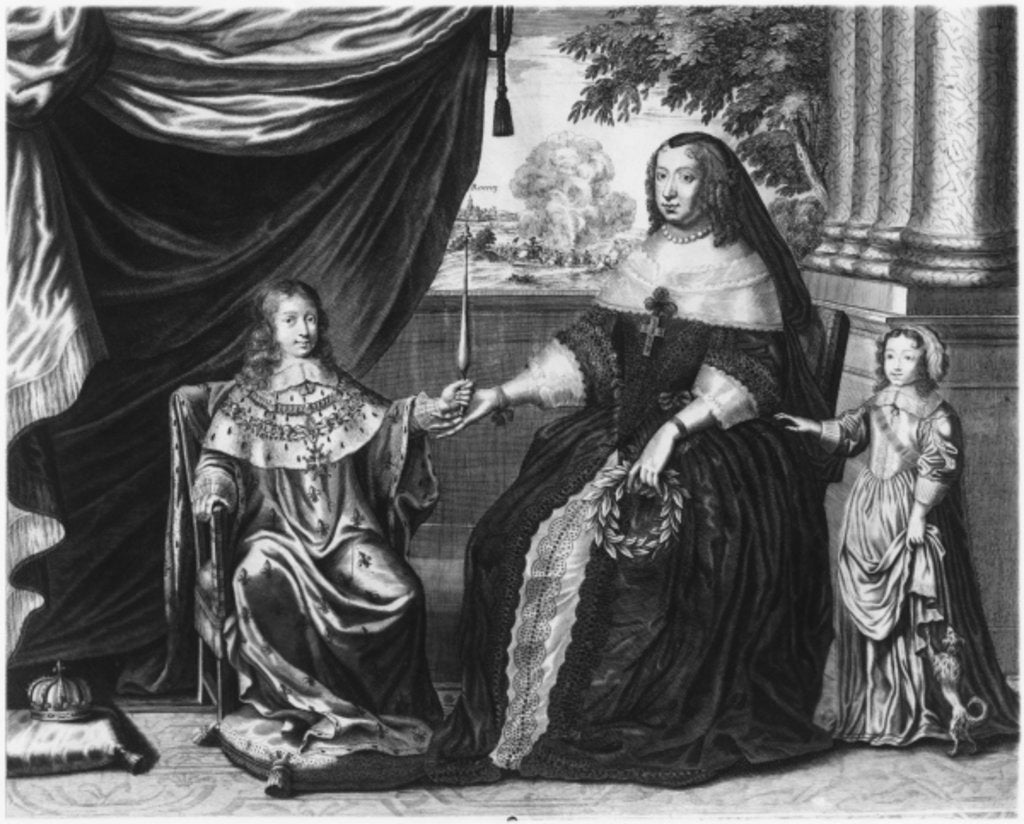 Detail of Anne of Austria, Queen of France and Navarre, and her sons, Dauphin Louis of France, future Louis XIV, and Philippe I, Duke of Orleans, 1643 by French School