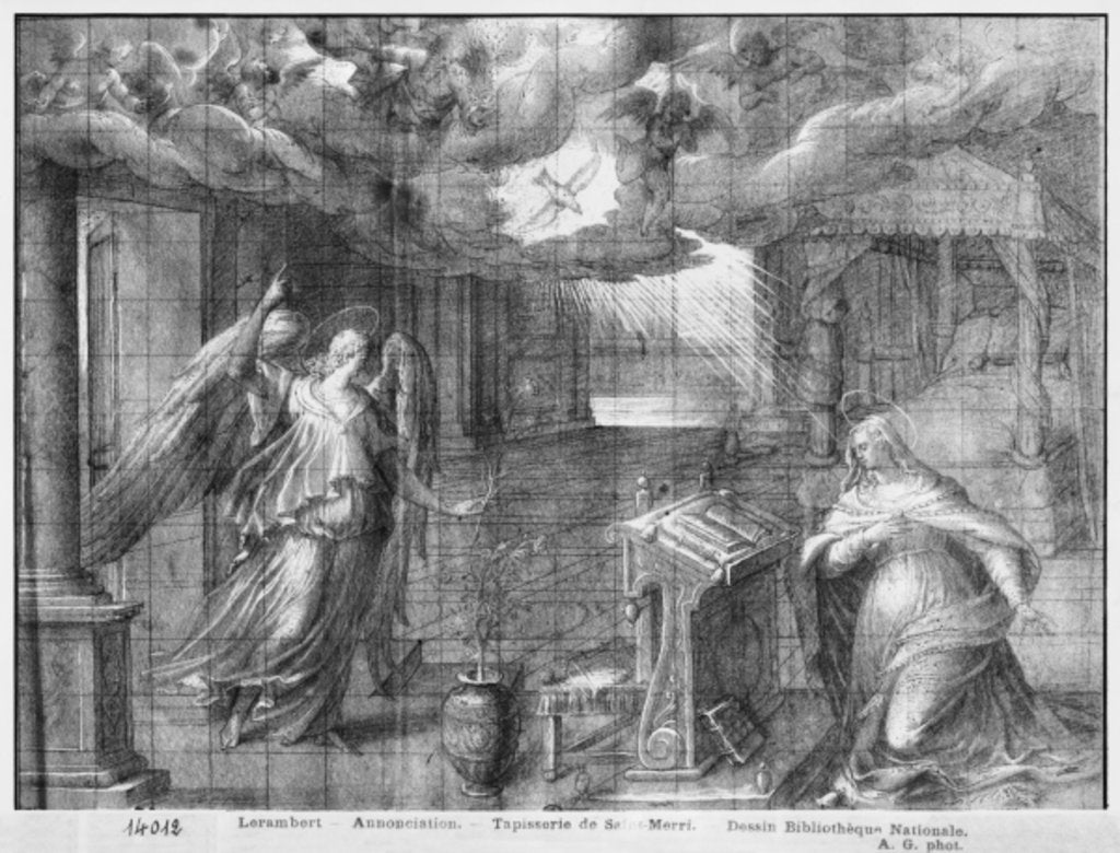 Detail of Life of Christ, Annunciation, preparatory study of tapestry cartoon for the Church Saint-Merri in Paris, c.1585-90 by Henri Lerambert