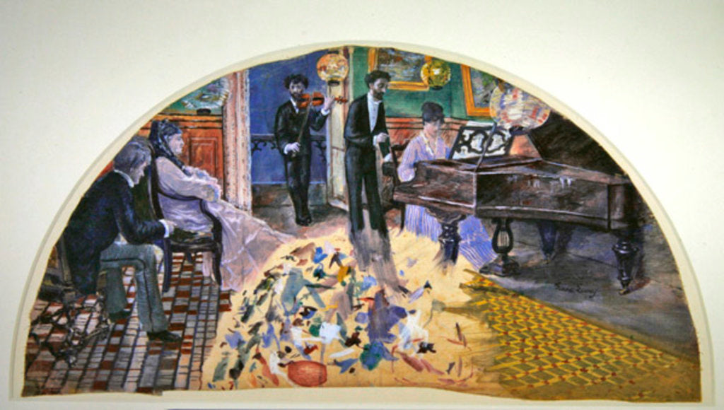 Detail of Draft for a fan depicting the lounge of Nina de Callias with Callias at the piano, Ernest Cabaner standing next to her and Charles Cros on the violin, c.1875-77 by Pierre Franc Lamy