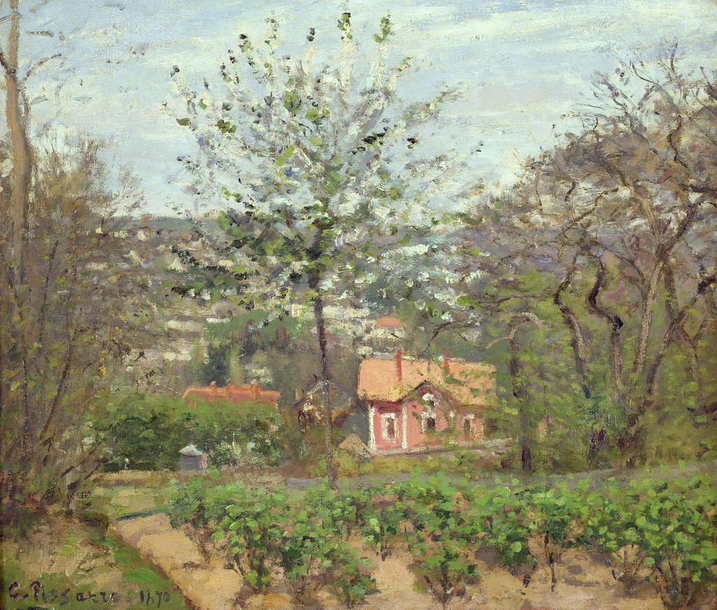 Detail of The Cottage, or the Pink House - Hamlet of the Flying Heart, 1870 by Camille Pissarro