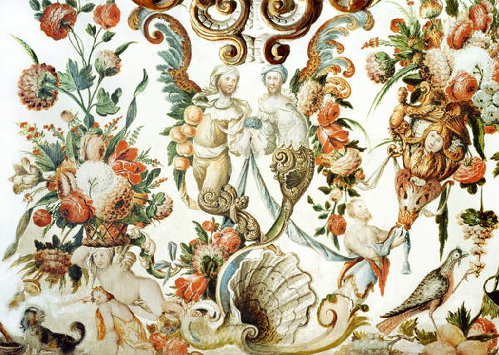 Detail of Decor enlivened by flowers, characters and a bird by Tomas Ferrer