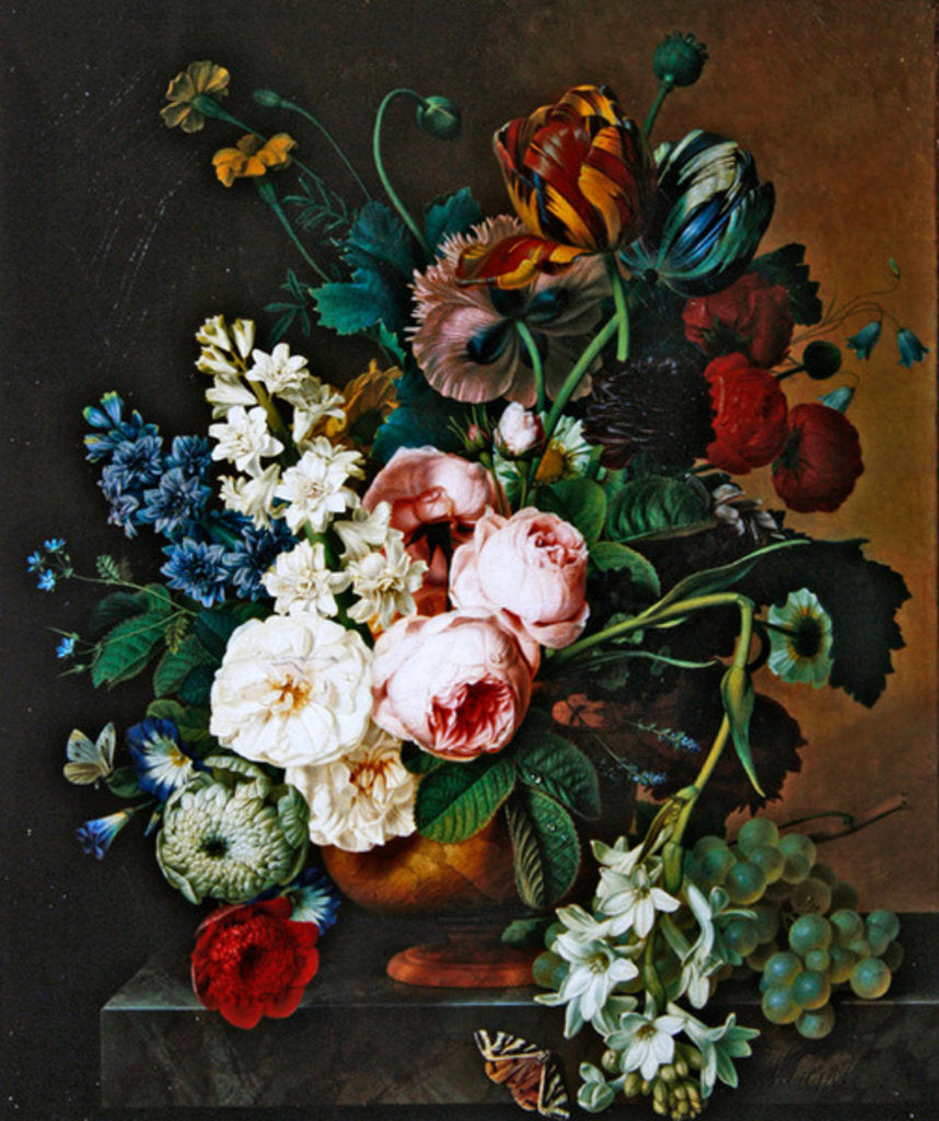 Detail of Bouquet of flowers on a marble table by Christiaan van Pol