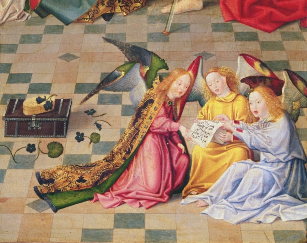 Detail of Angel musicians from the right panel of the altarpiece of the Seven Joys of the Virgin, c.1480 by Master of the Holy Family