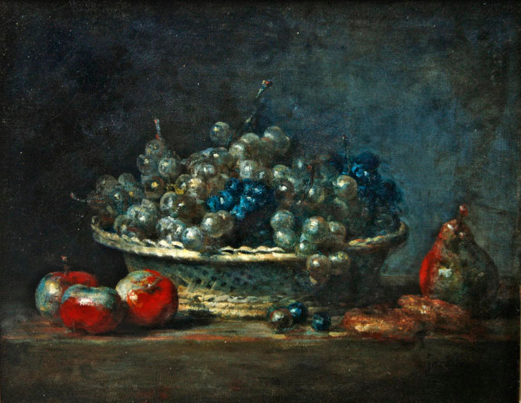 Detail of Still life: grape basket with three apples, a pear and two marzipans, 1764 by Jean-Baptiste Simeon Chardin