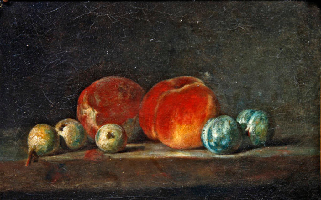 Detail of Peaches, Pears and Plums on a table by Jean-Baptiste Simeon Chardin