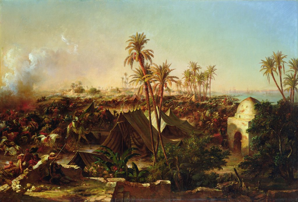 Detail of Battle with palm trees and tents by Jean Charles Langlois