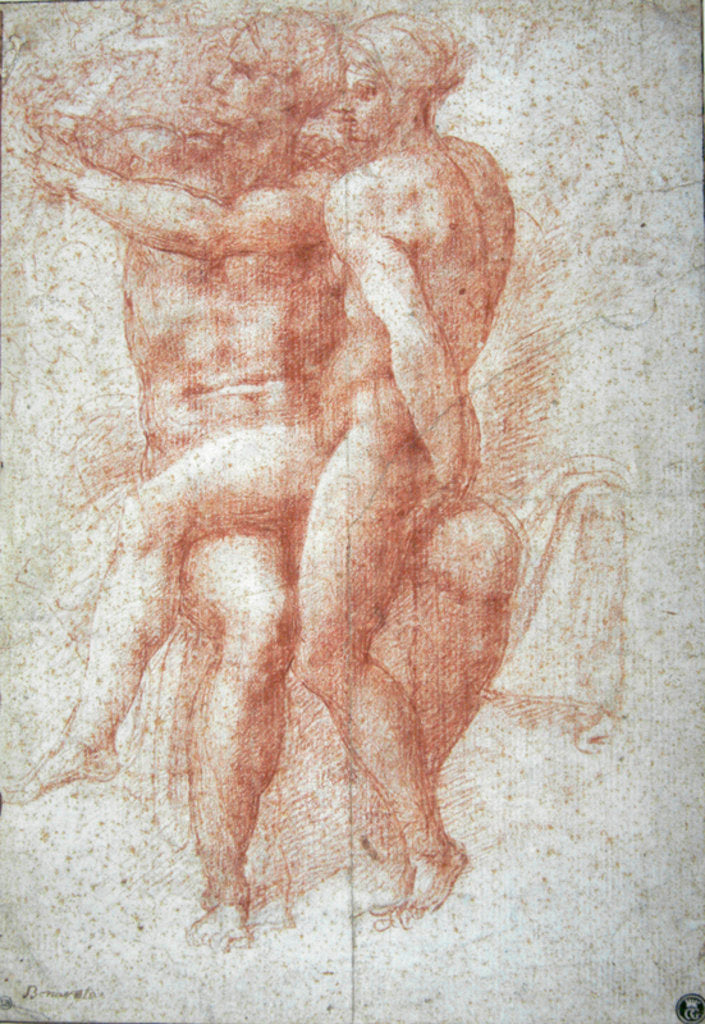 Detail of Nude female seated on the knees of a seated male nude: Adam and Eve by Michelangelo Buonarroti